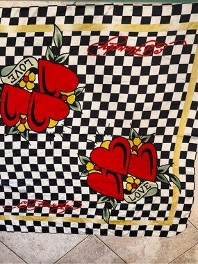 Ed Hardy Red Hearts Checkerboard Bandana with Yellow Accents
